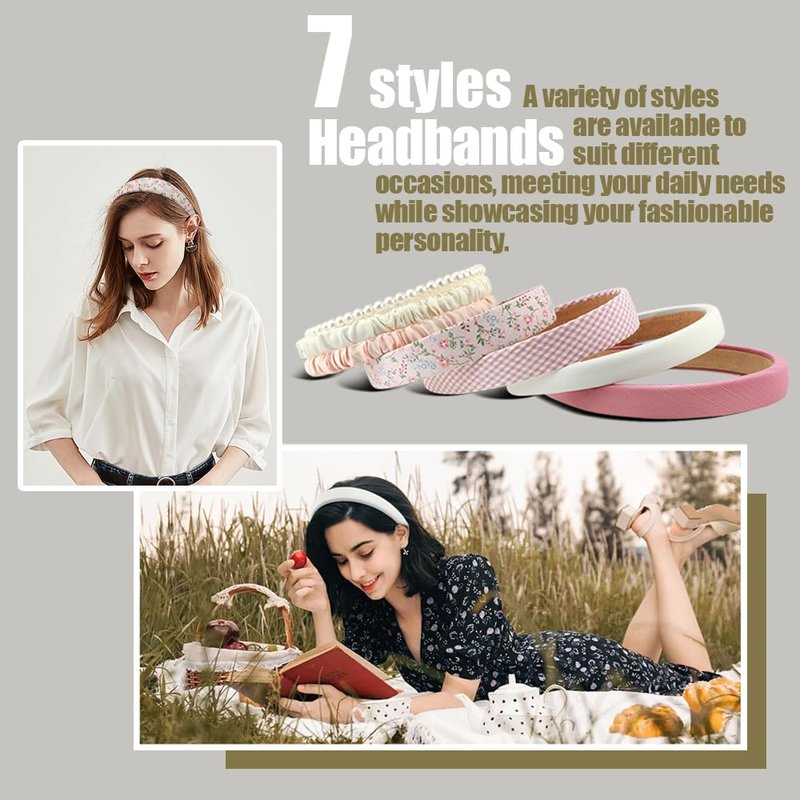 VKLANBGO 7pcs Headbands for Women with Different Designs, Non Slip Flower Headband Set, Cute Pearl Headbands for Girls, Hair Accessories Birthday Thanksgiving Christmas Gift for Girl Women, Green