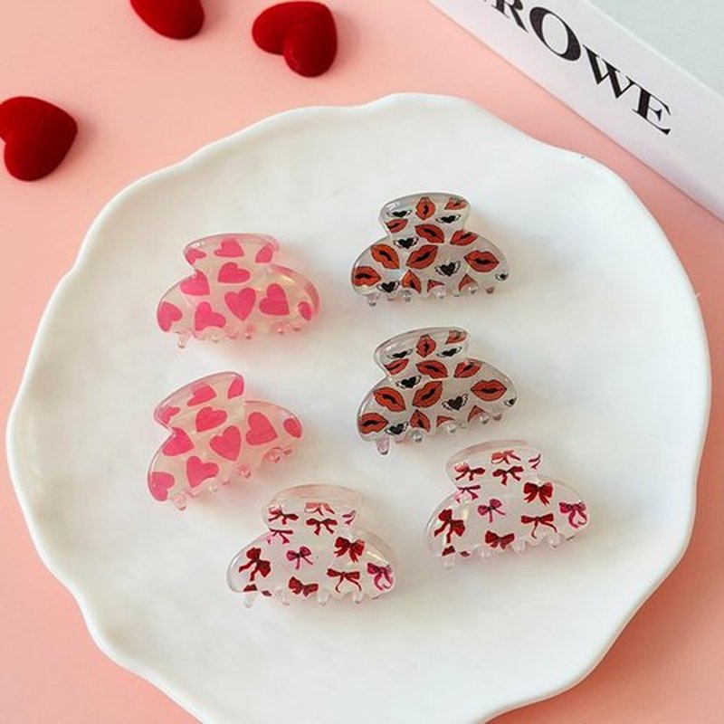 Mini Valentines Hair Claw Clips with Heart,Bow and Lips Design Acrylic Non-Slip Claw Hair Clips Reusable Cute Clip for Hair for Women Girls Valentine's Day Accessories 6 Pcs