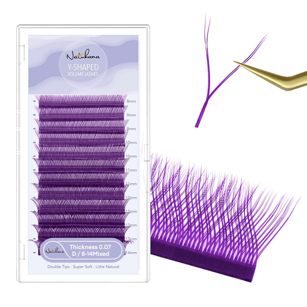 NATUHANA YY Eyelash Extensions Colored 0.07mm D Curl 8-14mm Mixed Tray Premade Fan 4D Russian Volume Y Shape Lash 12 Rows Color Lashes (8-14 MIX, Purple, 0.07 D)