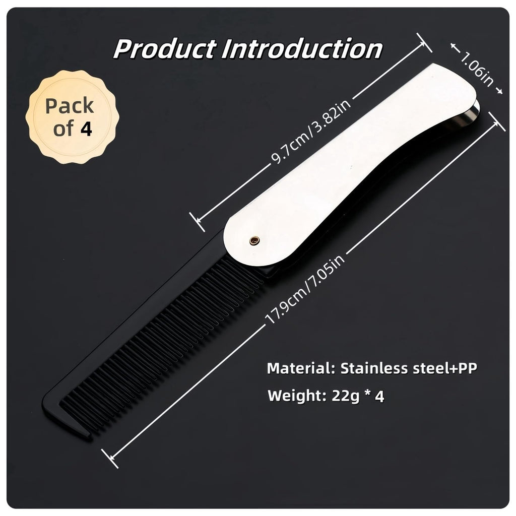 4 Pcs Folding Pocket Combs for Men - Stainless Steel Fine Tooth Hair Beard Combs for Styling Hair, Beard or Mustache Care, Compact Design for Travel & Everyday Grooming (Silver)