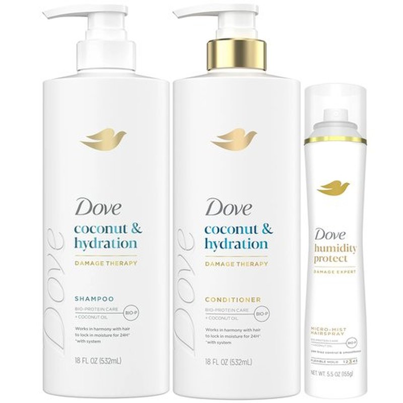 Dove Shampoo & Conditioner Set, Coconut & Hydration Flexible Hold Hairspray, Compressed Micro Mist – Deep Moisture for Revitalizing Dry, Damaged Hair & Styling (3 Piece Set)