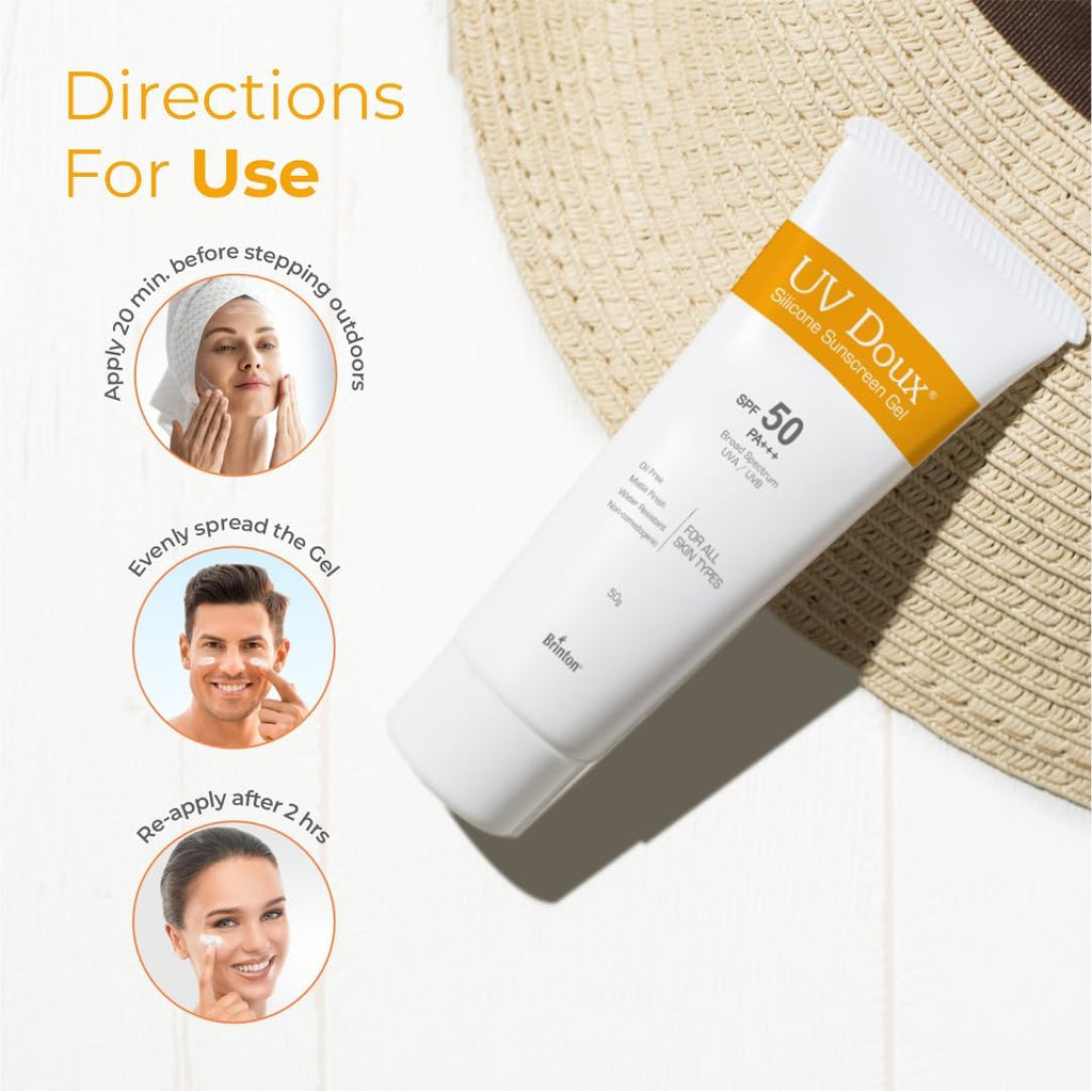 UV-Doux's Sunscreen Gel SPF 50 PA+++, Broad Spectrum UVA UVB Protection, Non-Comedogenic, Water-Resistant, for Oily Acne Sensitive Skin, 50g