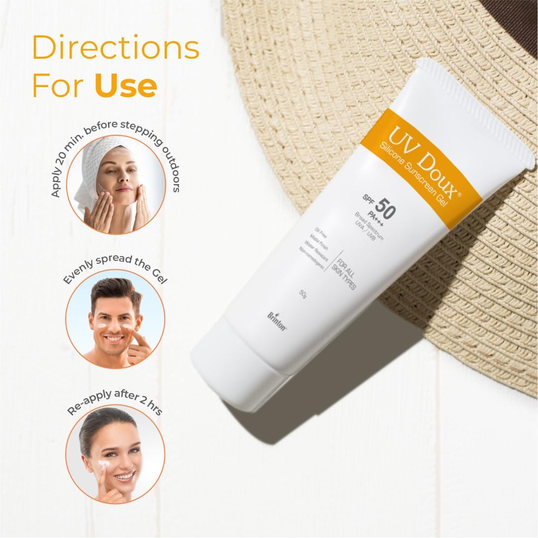 UV-Doux's Sunscreen Gel SPF 50 PA+++, Broad Spectrum UVA UVB Protection, Non-Comedogenic, Water-Resistant, for Oily Acne Sensitive Skin, 50g