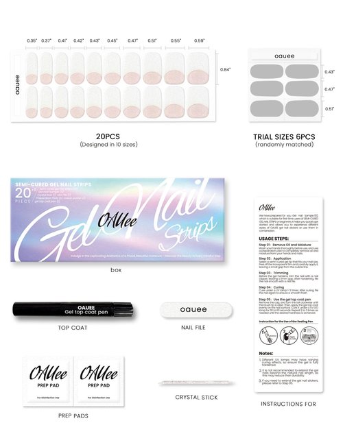 Oauee Semi Cured Gel Nail Strips | Built-In Gel Top Coat | UV Light Required | Salon Quality, Easy Application And Removal (Shining French style)
