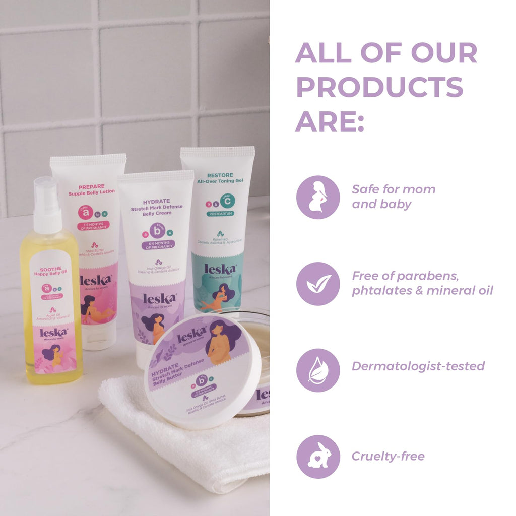 Leska Maternity Stages B & C Set | HYDRATE Belly Cream & RESTORE All-Over Toning Gel | Pregnant Moms Months 6-9 and Postpartum | Part of Complete 3-Part Maternity Skincare System (Set of 2, 4oz each)