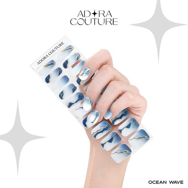 Semi-Cured Gel Nail Strips - 20 Salon-Quality Gel Sticker with UV Light Required, Long Lasting, Easy Application & Removal, Includes Prep Pad, Nail File, Wooden Stick (Blue Oceanwave)