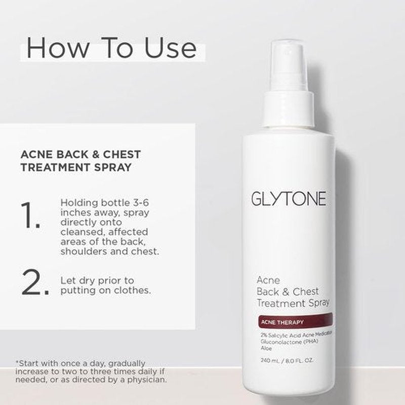 Glytone Acne Treatment Spray for Chest & Back | 2% BHA Salicylic Acid & Gluconolactone | Quick-Dry, Fragrance-Free, 8 fl oz