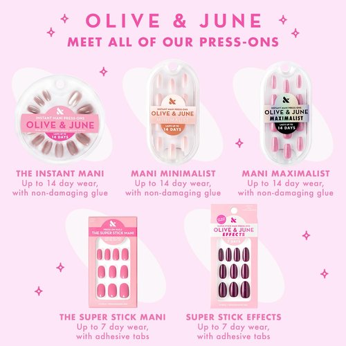Olive & June Classic Super Stick Mani Press On Nails | Short, Round | No Glue Needed | 32 Tab Nails in 16 Sizes | Non-Toxic Tabs | Easy On-Off, Non-Damaging |7-Day Wear | Taffy | Bright Pink