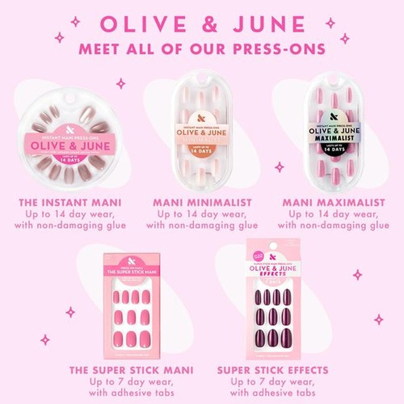 Olive & June Classic Super Stick Mani Press On Nails | Valentine's Day | Short, Round No Glue Needed | 32 Tab Nails in 16 Sizes | Non-Toxic Tabs Easy On-Off Non-Damaging 7-Day Wear |Gelato Pink