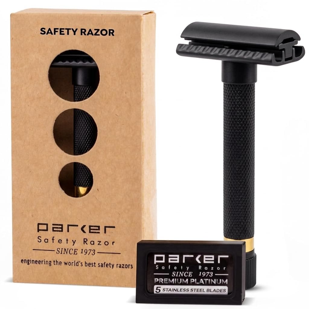 Parker Variant Adjustable Safety Razor Anniversary Edition Black & Gold, Solid Brass Double Edge Razor With 5 Settings, Two Piece Design, Heavyweight Handle For Precision Shaving