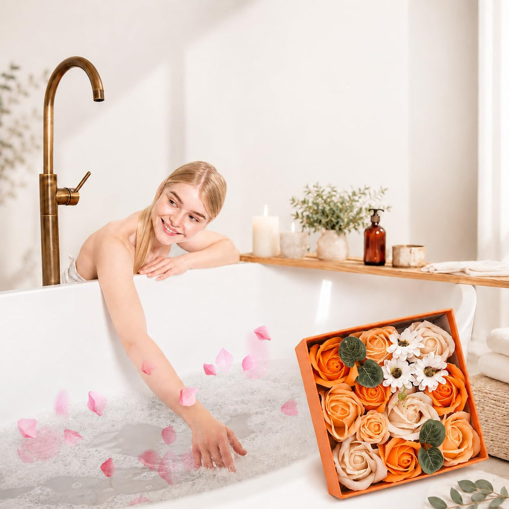Ideal Swan Rose Bath Soap - Flower Floral Scented Rose Soap Petals in Flower Box, Transparent Window for Women Plant Essential Oil Set for Birthday Valentine’s Christmas （Orange）