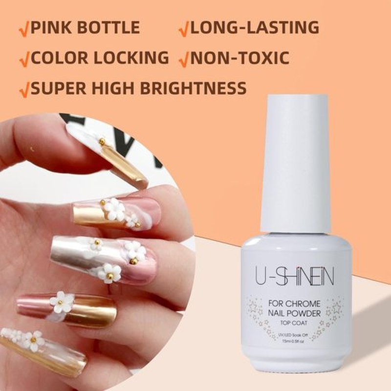 U-Shinein Top Coat Gel for Chrome Nail Powder, 15ml No Wipe High Gloss Shiny Clear Polish With 3 Colors, Long Lasting Soak Off DIY Nail Art Manicure