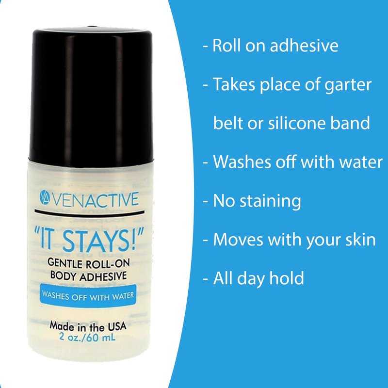VenActive It Stays Body Glue - Gentle Roll-On Body Adhesive for Support Stockings, Armsleeves, Shoulder Straps, Bra Straps, Wigs, Costumes, Theatrical Makeup - 2 oz Roll-On