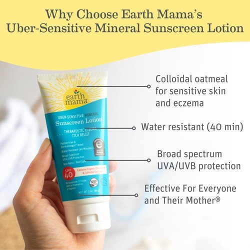 Earth Mama Uber-Sensitive Mineral Sunscreen Lotion SPF 40 - Non-Nano Zinc & Organic Oatmeal | 3-Ounce Eczema Cream for Baby & Family