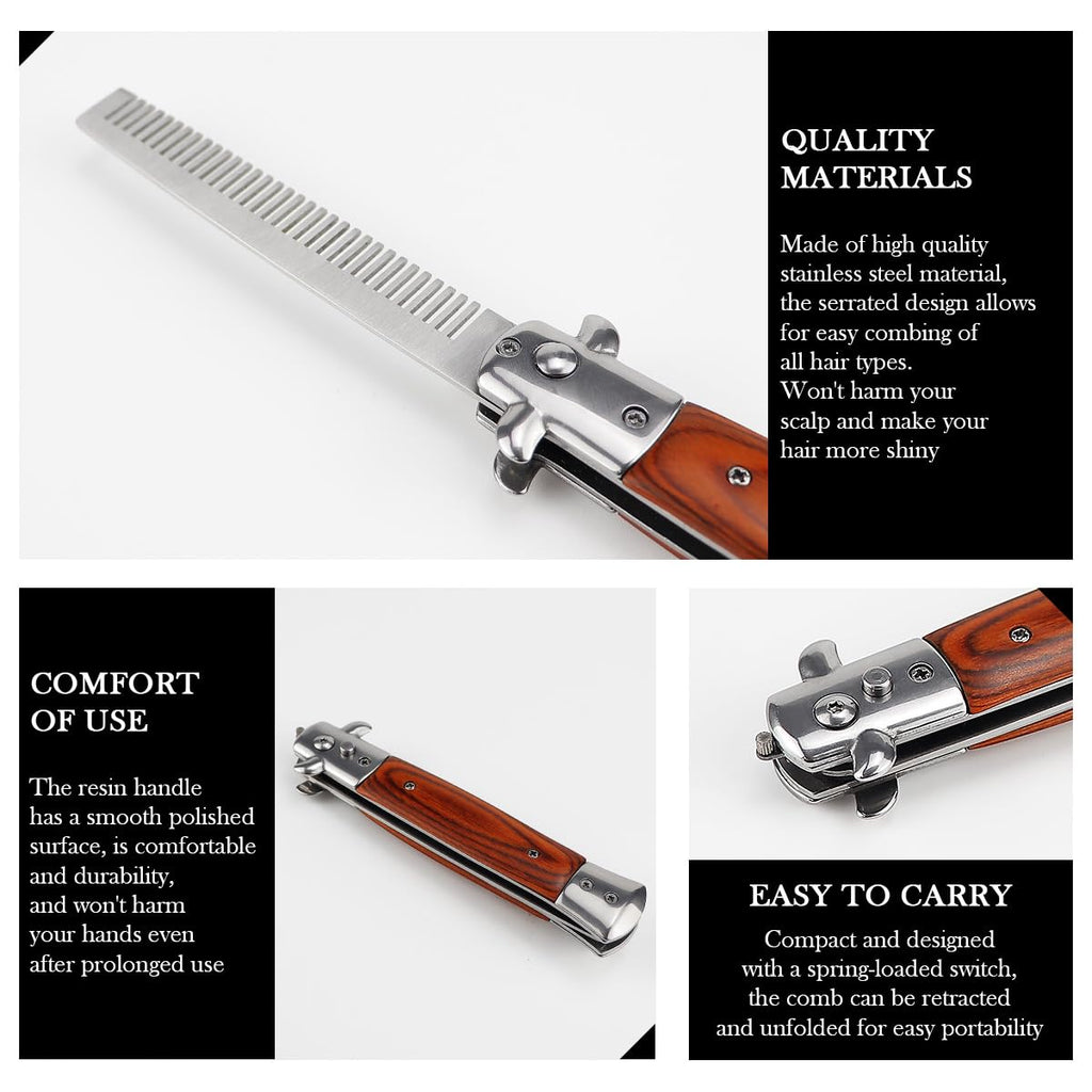 Stainless Steel Folding Comb with Wood Handle - Push Button Pocket Comb for Hair Styling