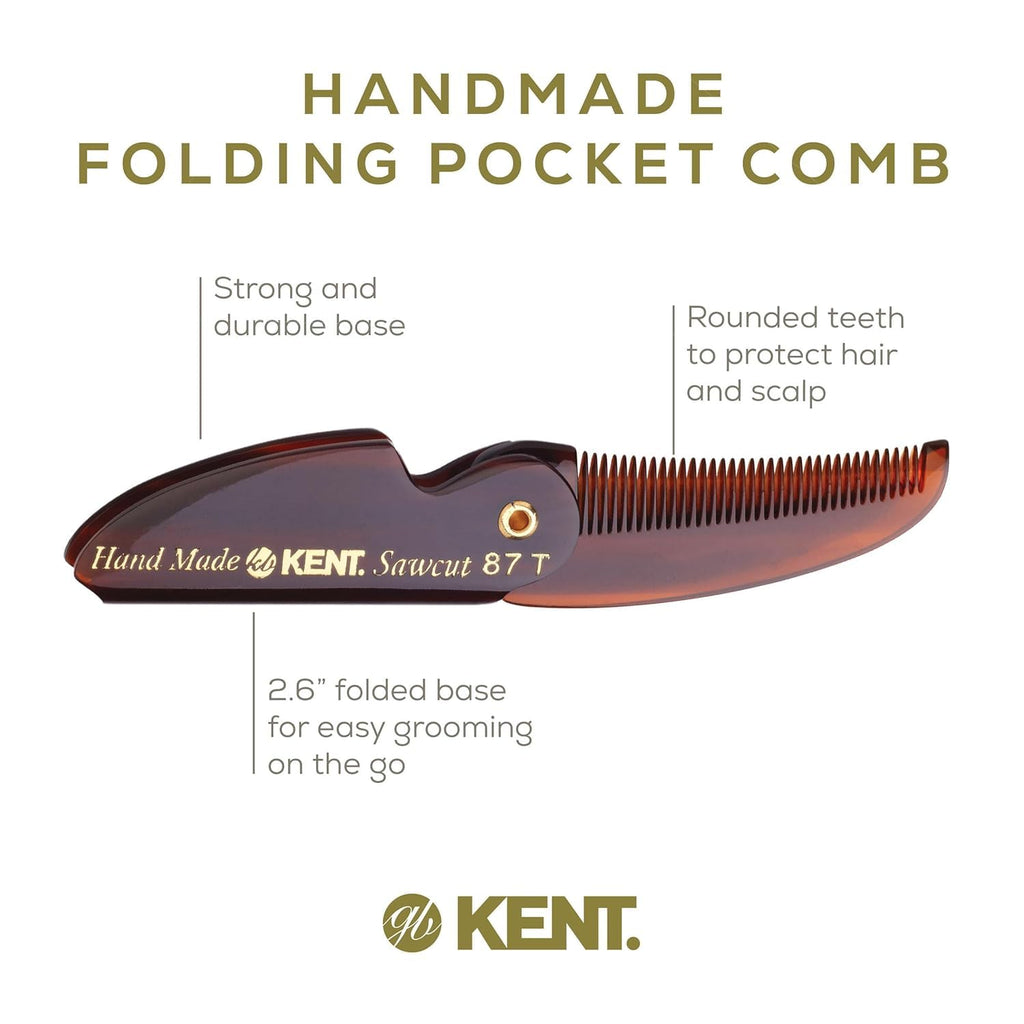 Kent 87T Combo Handmade Folding Pocket Comb for Men, Fine Tooth Hair Comb Straightener for Everyday Grooming Styling Hair, Beard or Mustache, Use Wet or Dry, Saw Cut Hand Polished, Made in England