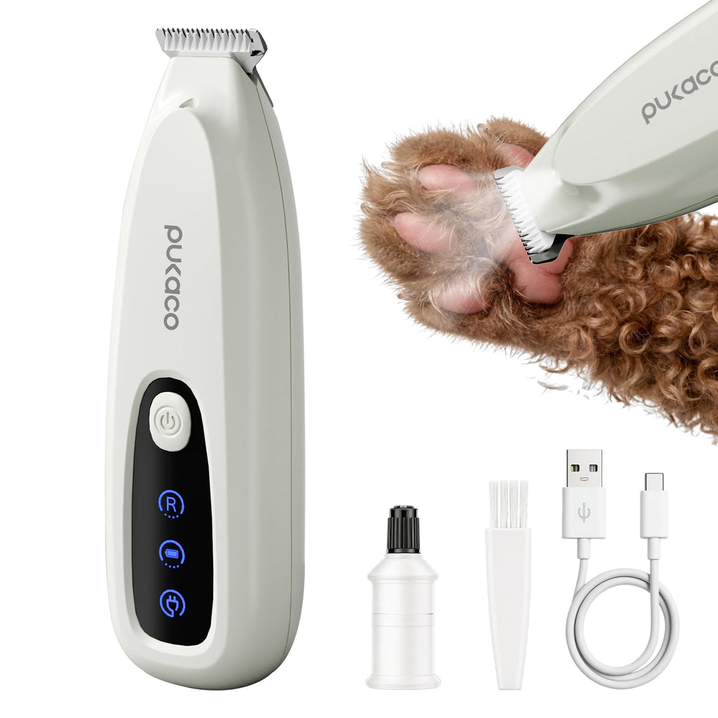 PUKACO 2026 Upgraded Dog Paw Trimmer with LED Light, Low Noise Small Pet Hair Trimmer 18mm Wide Curved Blade, 35dB Cordless Waterproof Pet Paw Grooming Clippers for Dogs, Cats, Paws, Ears, Face, Rump