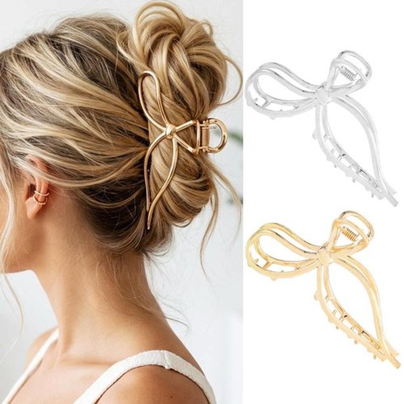 CAKURE Bow Claw Clip Gold Metal Hair Clips Medium Hair Jaw Clamps Stylish Hair Accessories for Women and Girls (Pack of 2)