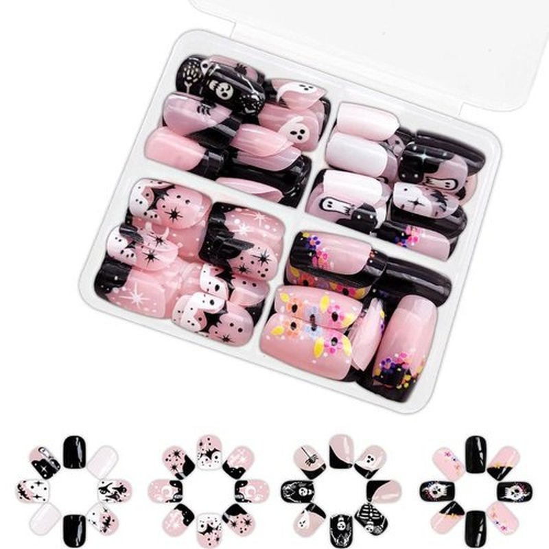 96PCS Halloween Short Press on Nails, Black White French Tips Fake Nails Glossy Square False Nails Ghost Skull Skeleton Spider Halloween Artificial Acrylic Nails for Women Home Salon DIY Nail Art