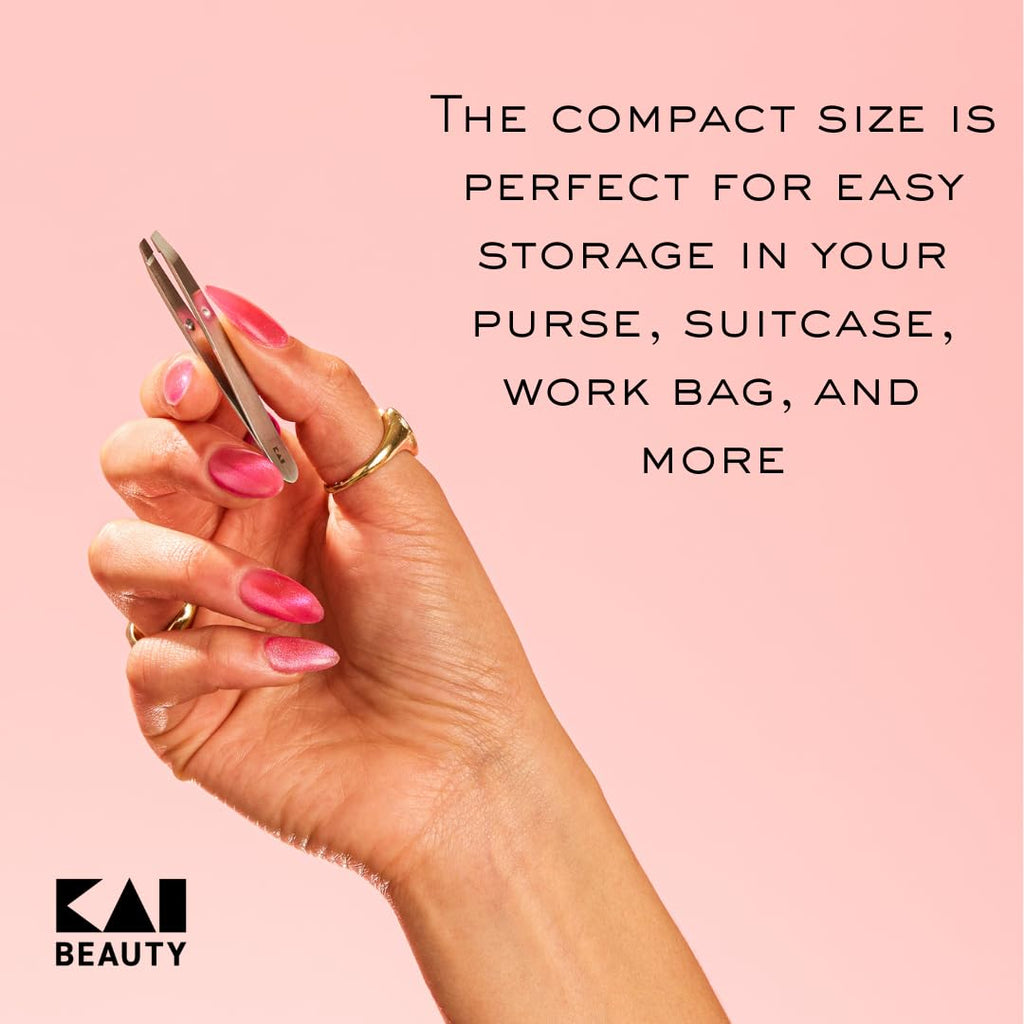 Kai Mini Maru Ultra Compact Angled Tweezers, Travel Eyebrow Tweezers with Precision Slant Tip, Gentle Hair Removal for Brows, Chin and Cheeks, Protective Cover Included
