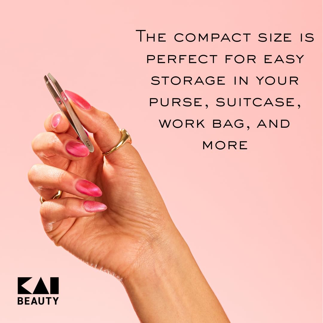 Kai Mini Maru Ultra Compact Angled Tweezers, Travel Eyebrow Tweezers with Precision Slant Tip, Gentle Hair Removal for Brows, Chin and Cheeks, Protective Cover Included