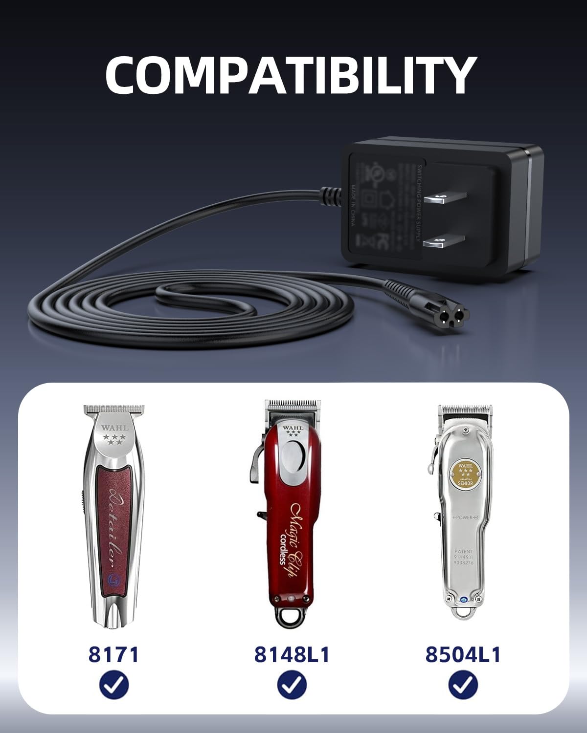 5V Charger Fit for Wahl Magic Clip 8171 8148L1 8504L1 8591L1 97624-002 97624-800 90302-100 97618-2200 ZD018B050200, AC Adapter for Trimmer Hair Clipper Shaver, Easy to Carry
