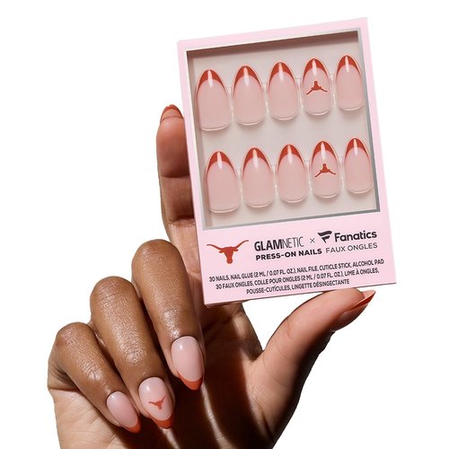 Glamnetic x Fanatics Press On Nails - Texas Longhorns | Short Almond Fake Nails, Collegiate Longhorns Orange French Tips, College Nails, Salon-Quality | 15 Sizes - 30 Nail Kit with Glue