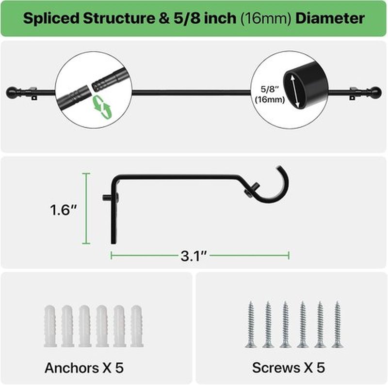 Skiennix Black Curtain Rod Set - Adjustable 28 to 48 Inch Metal Drapery Rod with Brackets | Perfect for Bedroom, Kitchen, Living Room