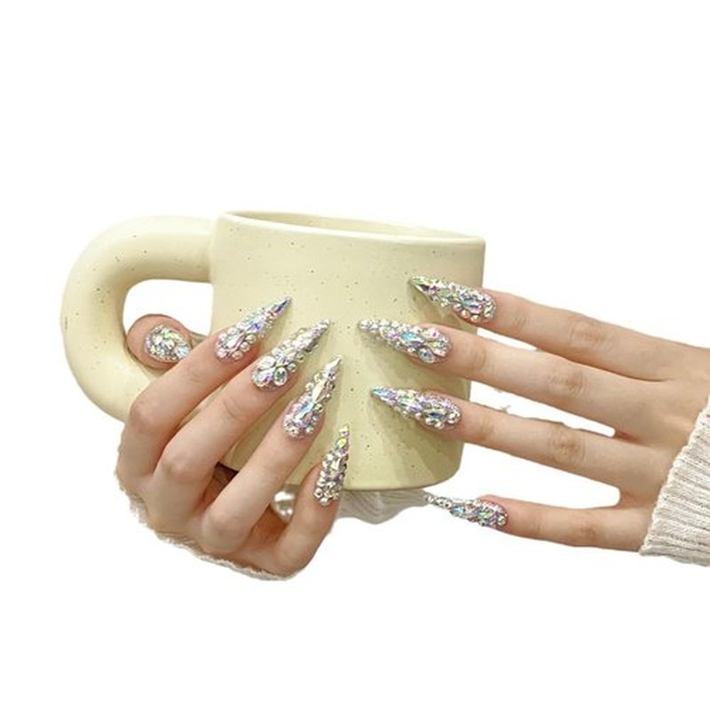NLSJMP 3D Handmade Long Stiletto Press on Nails Almond Acrylic Fake Nails Kit,Reusable False nails,Rhinestone Luxury glitter Design Nail Art Kit,Include Toolkit,10Pcs,Size M,#986
