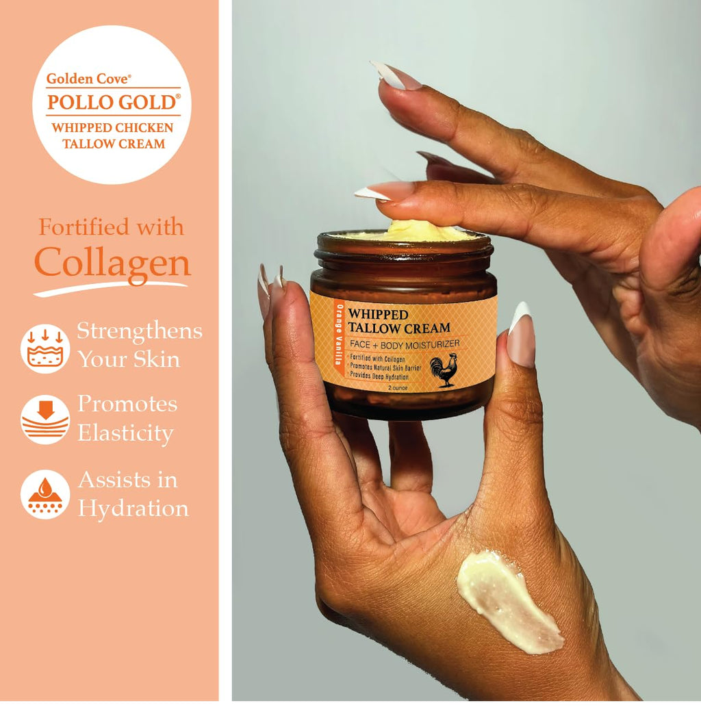 Pollo Gold Whipped Chicken Tallow Cream – Collagen-Rich Organic Face & Body Moisturizer with Olive & Essential Oils | Handmade in USA | For All Skin Types – 2 oz (Lavender Vanilla)