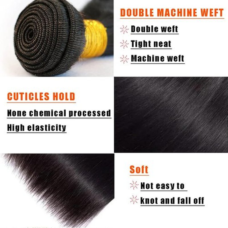 Straight Human Hair Bundles Color #1B Natural Black 14 16 18 Inch 3 Bundles Human Hair Straight Weave Unprocessed Virgin Hair Extensions 50 Gram Per Bundle