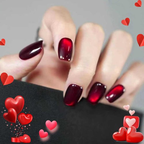 CUZIAM Wine Red Cat Eye Press on Nails Short Square, 32Pcs 16 Sizes Soft Gel Dark Black Red Glue on Nails for Women, Glossy Reusable Natural Fit Full Cover Stick on Nails Coffin Fake False Nails Kit