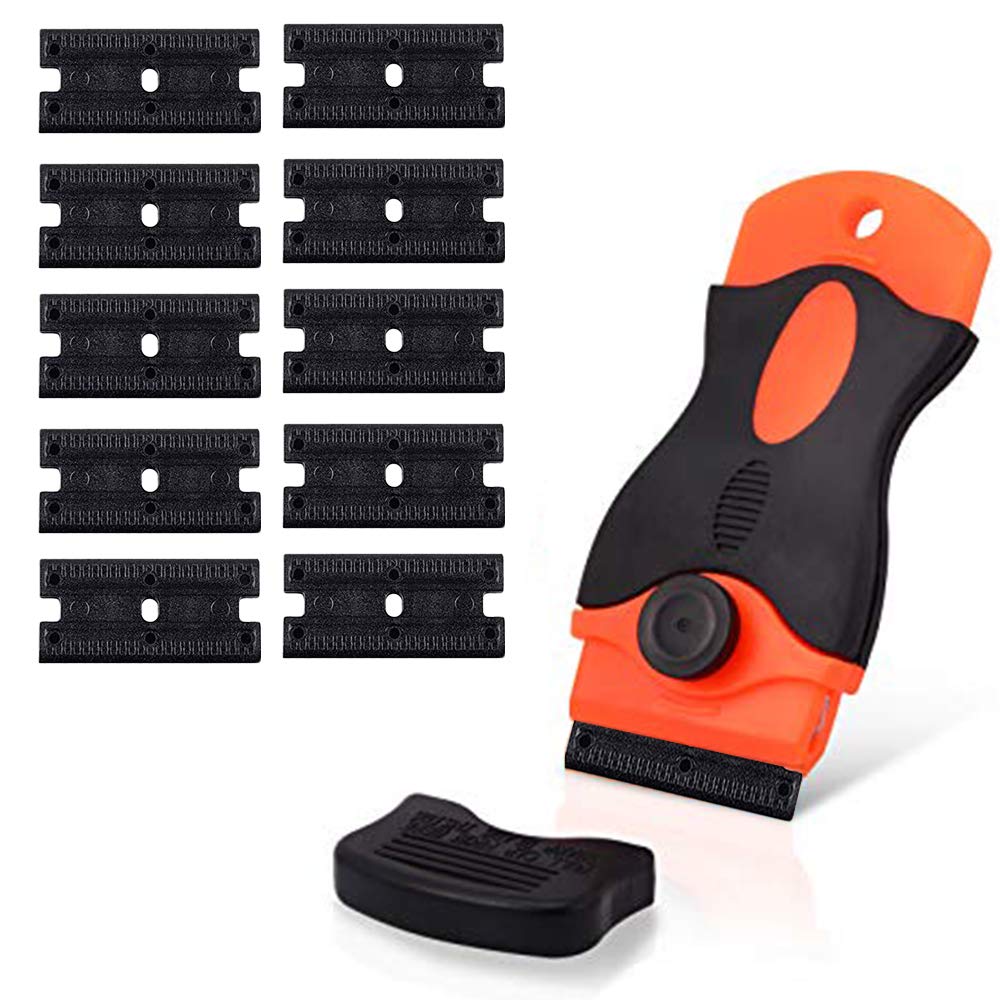 CANOPUS Plastic Razor Blade Scraper with 10 Double Edged Plastic Replacement Blades, Suitable to Remove Glue, Stickers, Decals, Gaskets, Auto Window Tint Vinyls, Black-Orange
