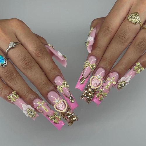 KACHIMOO 160pcs Gold Nail Charms 3D Butterfly Cherry Heart Cross Bow Star Dollar Flower Crown Nail Gems and Charms Nail Rhinestone for Women Nail Art Design(19 Styles)