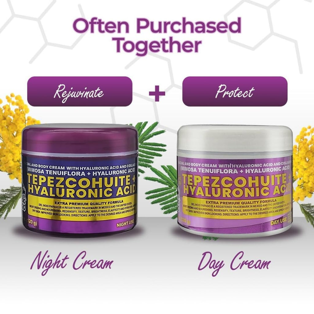 Del Indio Pápago Tepezcohuite + Hyaluronic Acid Facial Cream Duo – Day & Night Use, Hydrating & Nourishing Formula with Mimosa Tenuiflora, 120g Each (JUMBO 2 Pack)