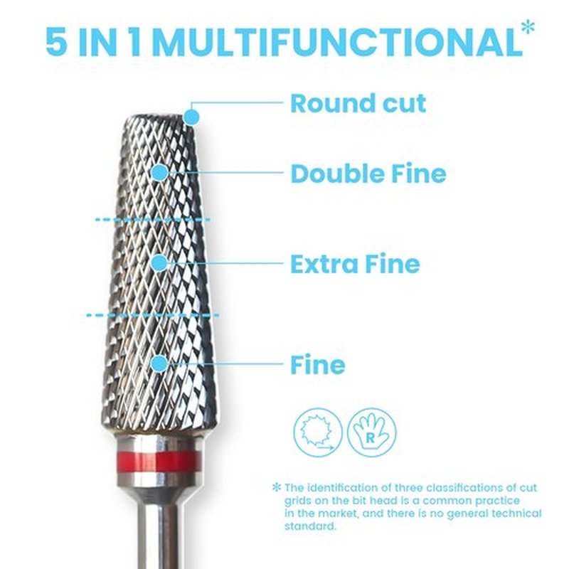 Super Cut 5-in-1 Nail Drill Bits, Tapered Barrel 3/32'' Safety Tungsten Bits, Upward Cut for Hard Gel Acrylic Removal, Right Handed for Nail Techs, Manicure Cuticle Gel Polishing, Fine