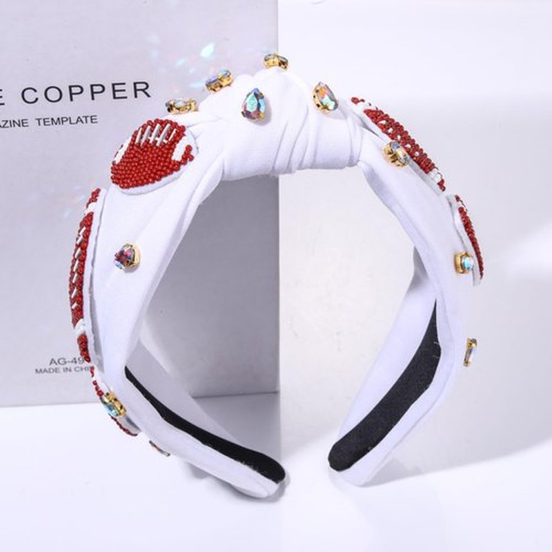 Football Headband for Women Football Mom Accessories Beaded Football Knotted Headband Jeweled Rhinestone Crystal Embellished Top Knot Hairband White Sport Hairband Game Day Hair Accessory (White)