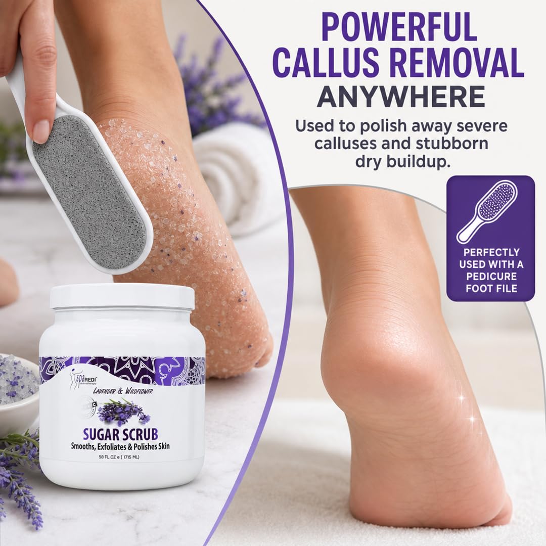 SPA REDI Sugar Body Scrub – Lavender & Wildflower Exfoliating Treatment for Feet, Heels & Body | Hyaluronic Acid, Panthenol, Cruelty-Free, Sulfate-Free | Professional Salon & Home Use | 58 oz