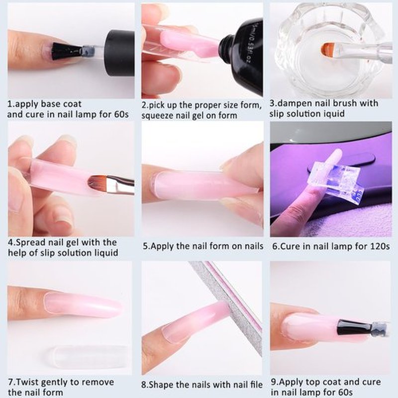 Fcozpjk Poly Extension Gel Nail Kit, Clear White Pink With Slip Solution Dual Builder Nail Forms, Clips for Poly Gel, Starter Kit for Home Manicure Set, Nude