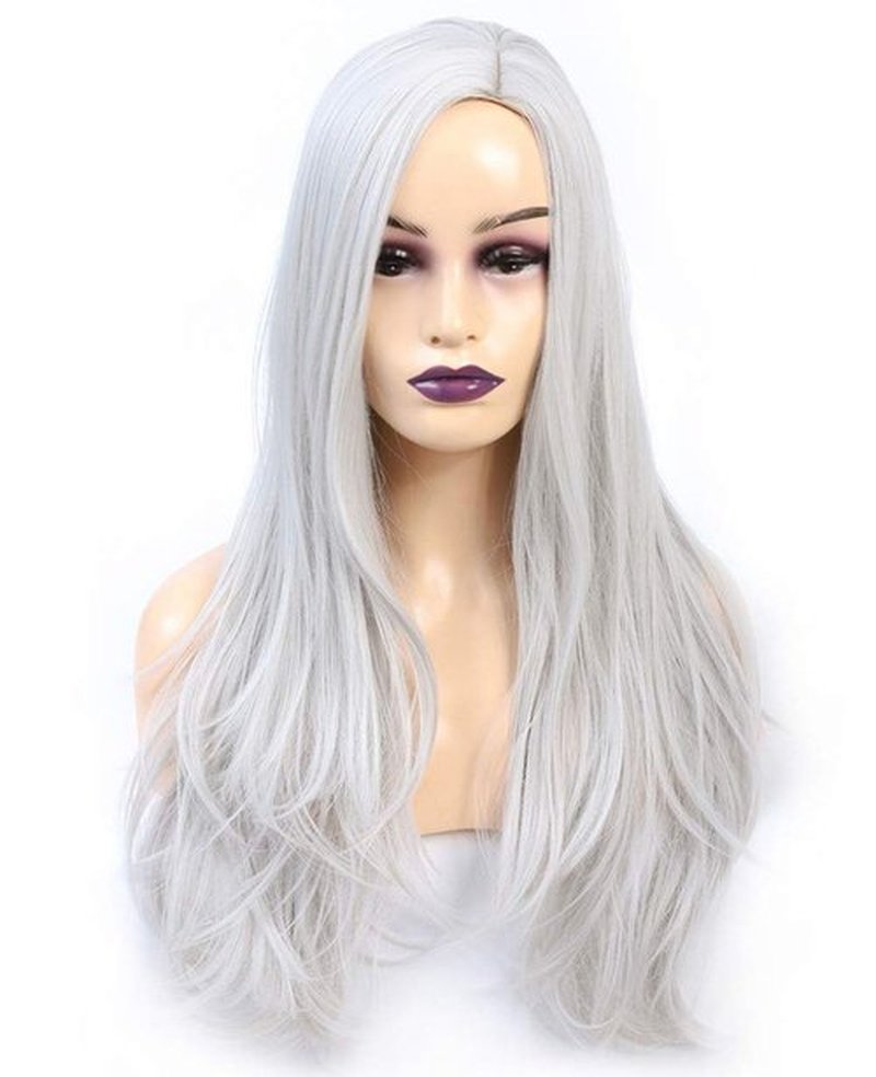 JOLNVCA Silver Wig Long Straight Wig for Girl Women Side Part Natural Looking Synthetic Heat Resistant Fiber Halloween Cosplay Costume