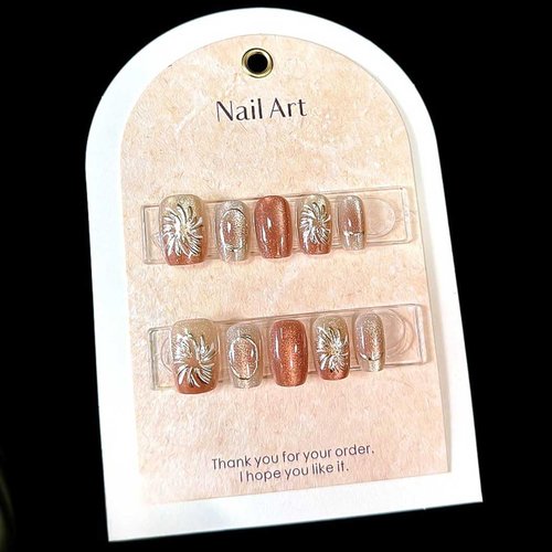 RikView Square Press on Nails Medium Fake Nails Golden Nails with Fireworks Design Glossy Hand Made Nails for Women 30 PCs/Set