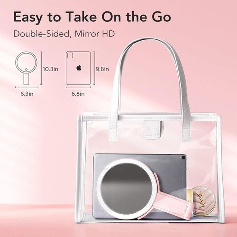 LitBear Travel Makeup Mirror - Rechargeable Double-Sided 10X/1X Magnifying Mirror | Dimmable Touch Screen, Pink