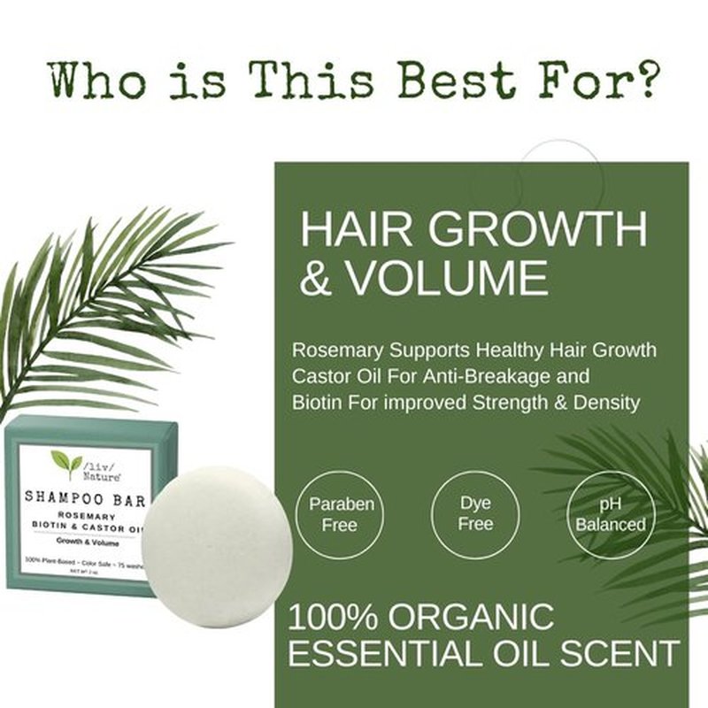 /liv/ Nature Shampoo Bar | Growth and Volume for Thin Hair | Rosemary, Biotin, Castor Oil | Travel Essentials | Handmade in USA 1-pk