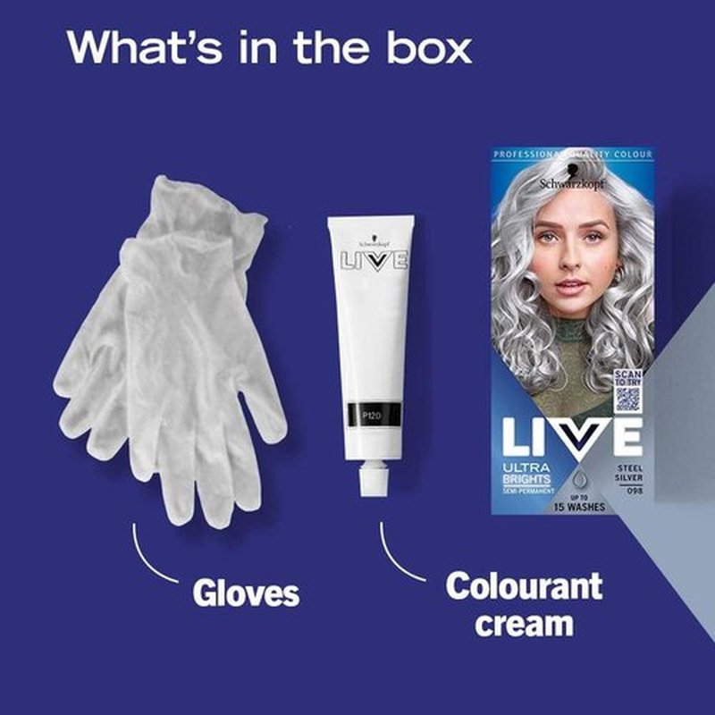 Schwarzkopf LIVE Ultra Brights Steel Silver Hair Dye - Vibrant Semi-Permanent Color Lasts 15 Washes
