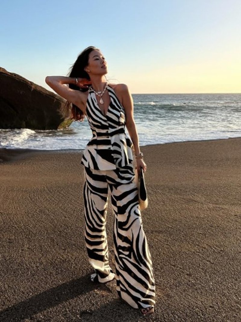 Skiennix 2-Piece Women's Outfit - Zebra Print Halter Top & Wide Leg Pants | Summer Vacation Ready