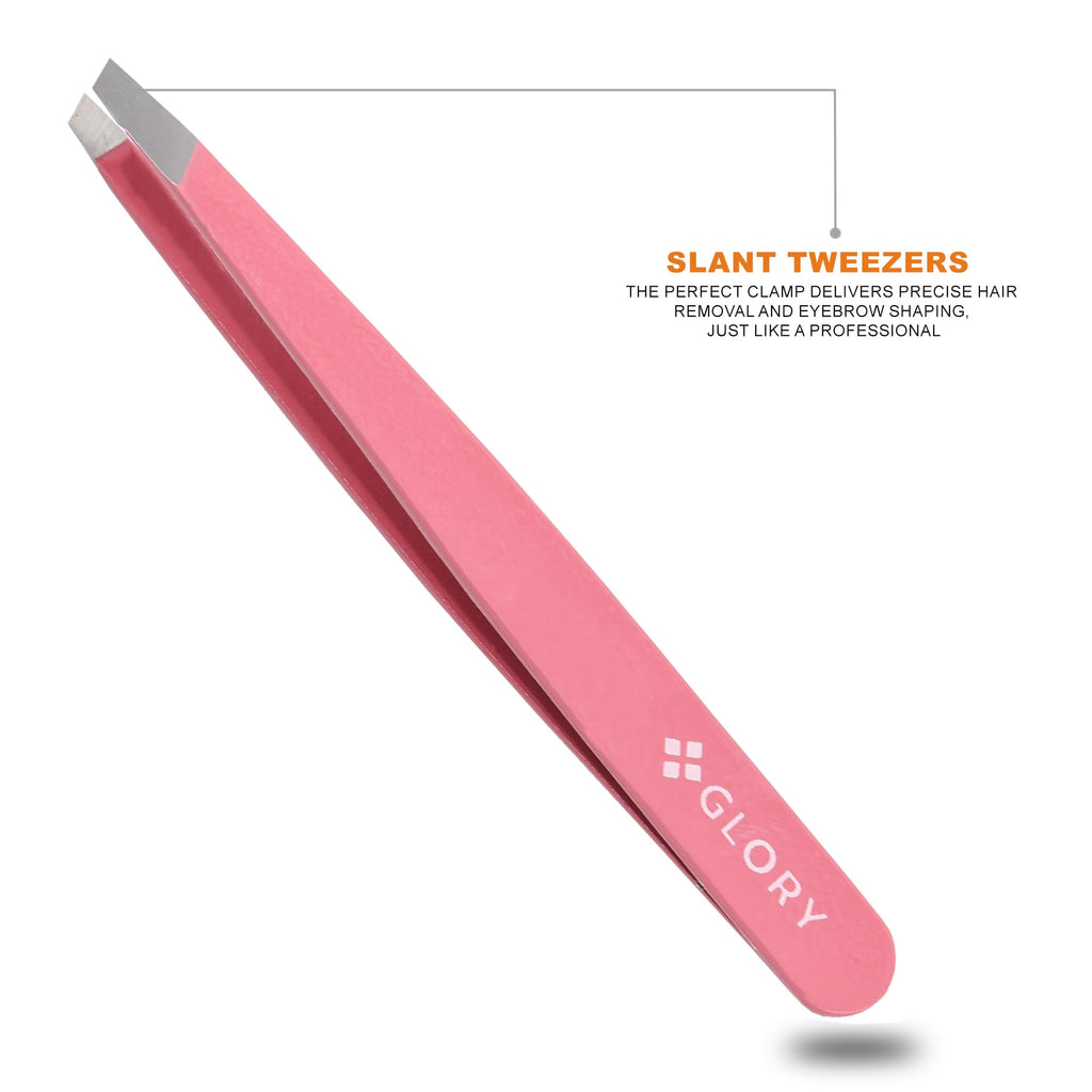 Glory Professional Precision Eyebrow Tweezers Series, Premium Stainless Steel Slanted & Pointed Hair Pluckers for Ingrown Hair, Splinters & Facial Grooming (Tweezers Set (Pink))
