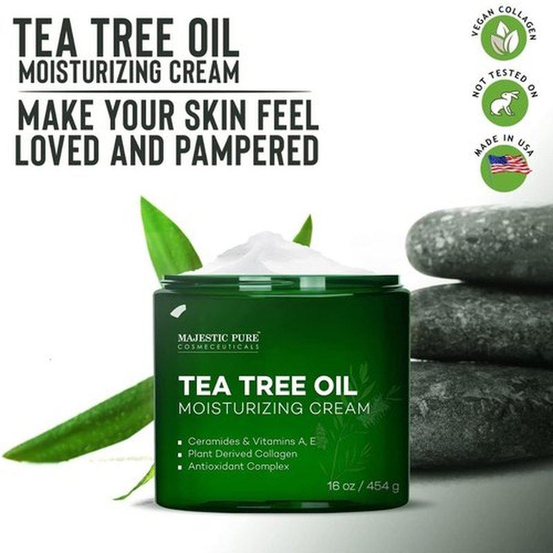 Majestic Pure Tea Tree Oil Moisturizing Cream - Hydrating Body, Foot & Face Lotion - 16 oz with Ceramides, Vitamins A, E & Vegan Collagen for All Skin Types