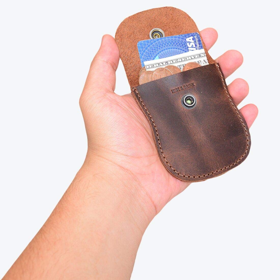 Hide & Drink, Curvy Coin Pouch, Pocket Case for Pennies, Rustic Bag, Travel Accessory, Full Grain Leather, Handmade, Bourbon Brown