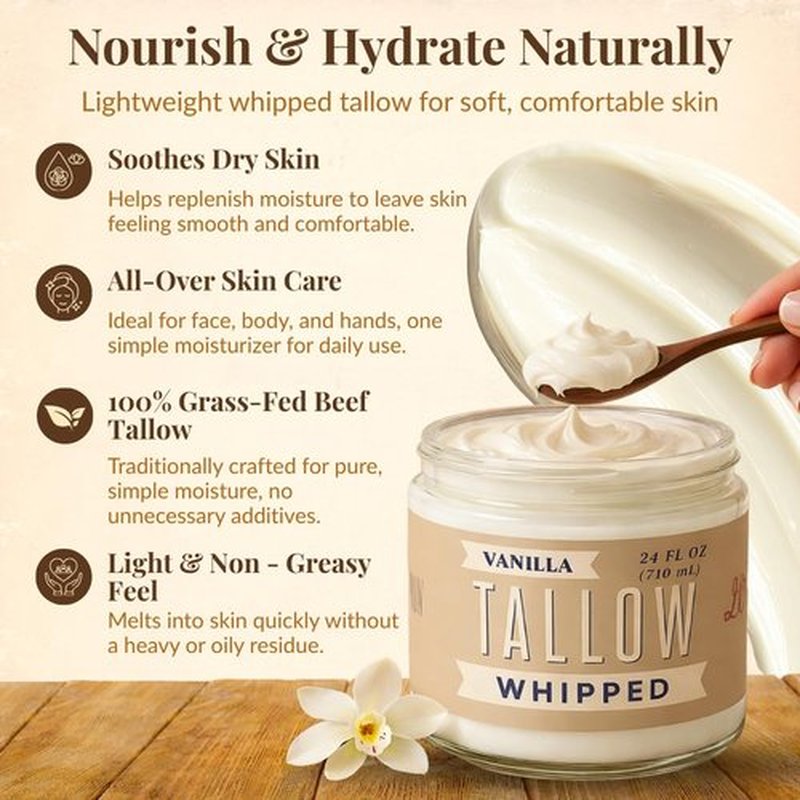 Lady May Tallow Whipped Tallow 24oz - All Natural Face Cream + Whole Body Moisturizer for Dry Skin - Made With Scented Oil Blend - No Preservatives, Parabens or Seed Oils - USA Made (Vanilla)
