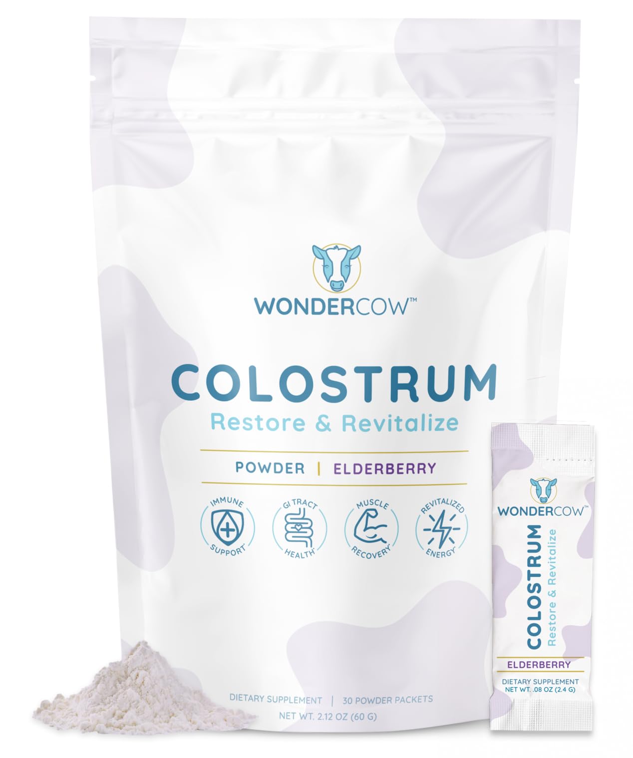 WONDERCOW Colostrum Supplement Powder for Gut Health, Immune Support & Wellness | Natural IgG Pure Whole Bovine Colostrum Superfood, Elderberry, 30 Servings